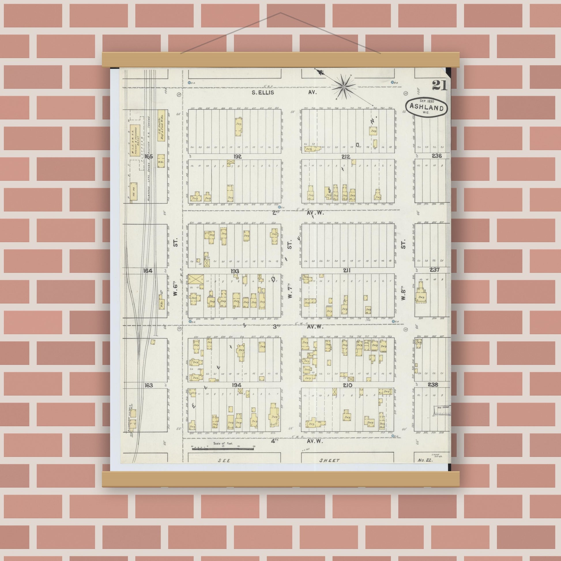 Old map wall art mockup — magnetic wood frame on brick wall — Sanborn Fire Insurance Map from Ashland, Ashland County, Wisconsin (1890), Sheet #0021