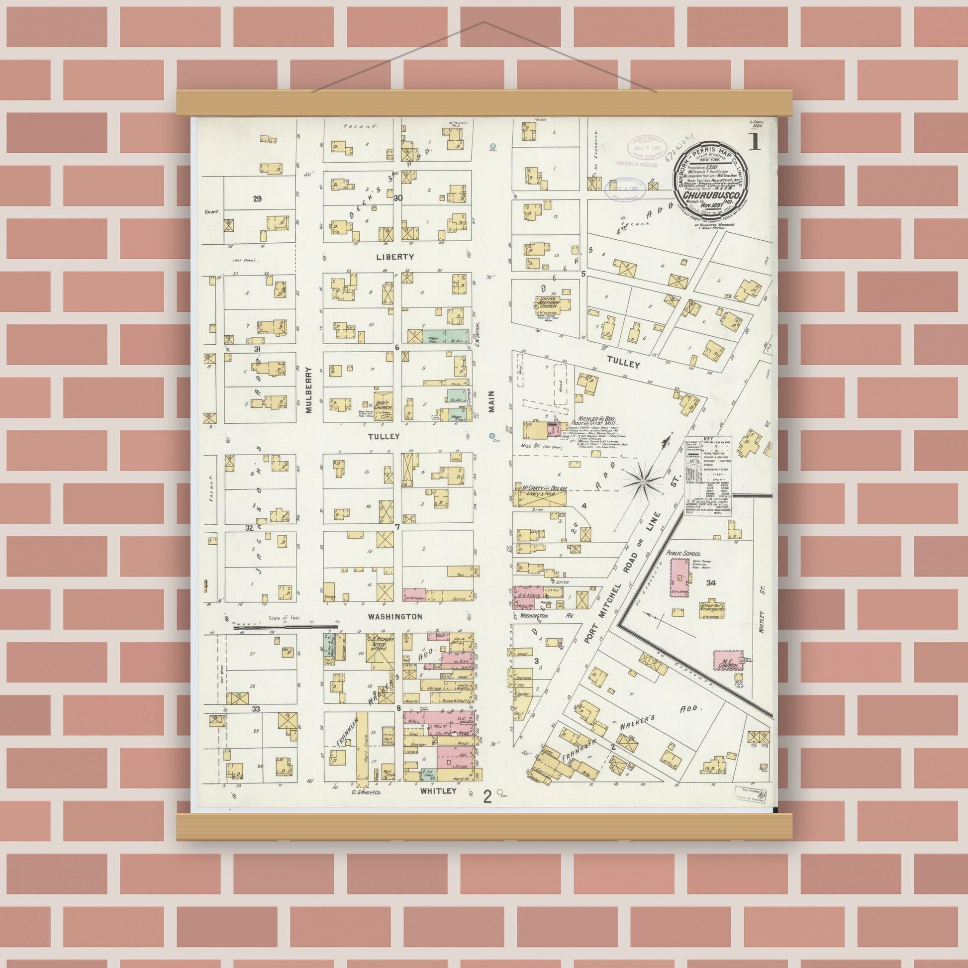 Old map wall art mockup — magnetic wood frame on brick wall — Sanborn Fire Insurance Map from Churubusco, Whitley County, Indiana (1897) - Complete Map Set