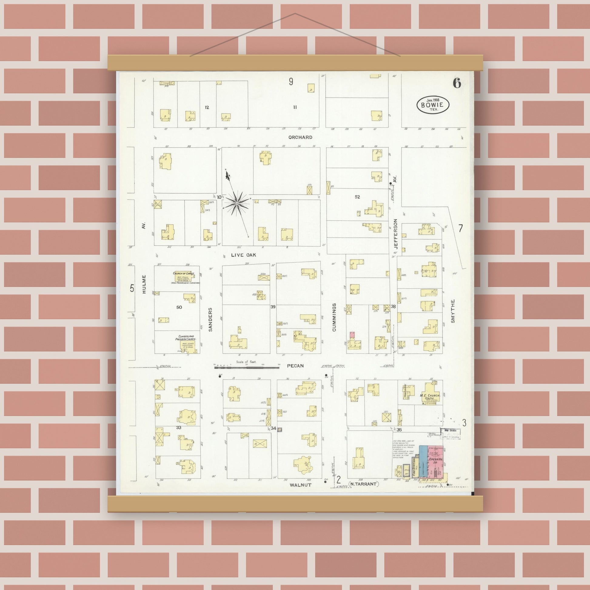 Old map wall art mockup — magnetic wood frame on brick wall — Sanborn Fire Insurance Map from Bowie, Montague County, Texas (1908), Sheet #0006