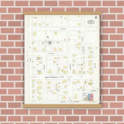 Old map wall art mockup — magnetic wood frame on brick wall — Sanborn Fire Insurance Map from Bowie, Montague County, Texas (1908), Sheet #0006