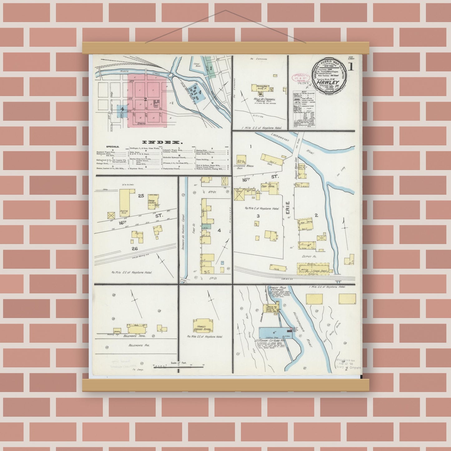 Old map wall art mockup — magnetic wood frame on brick wall — Sanborn Fire Insurance Map from Hawley, Wayne County, Pennsylvania (1892), Sheet #0001