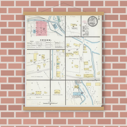 Old map wall art mockup — magnetic wood frame on brick wall — Sanborn Fire Insurance Map from Hawley, Wayne County, Pennsylvania (1892), Sheet #0001