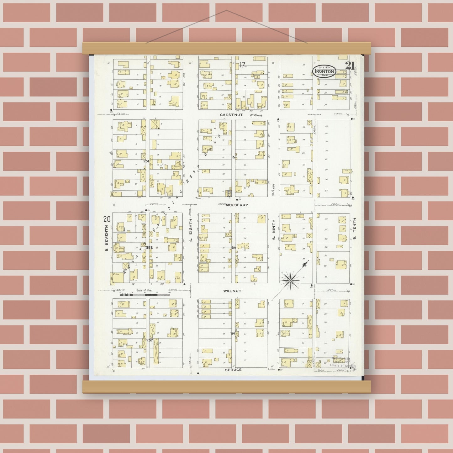 Old map wall art mockup — magnetic wood frame on brick wall — Sanborn Fire Insurance Map from Ironton, Lawrence County, Ohio (1909), Sheet #0021