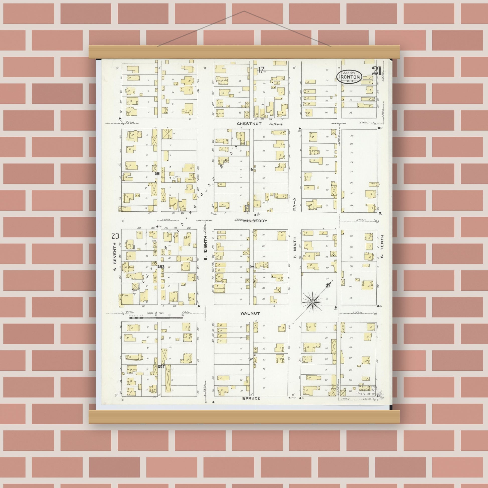 Old map wall art mockup — magnetic wood frame on brick wall — Sanborn Fire Insurance Map from Ironton, Lawrence County, Ohio (1909), Sheet #0021