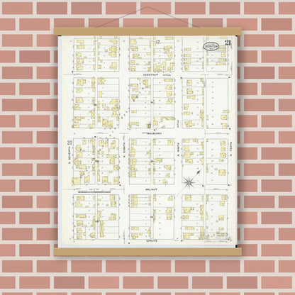Old map wall art mockup — magnetic wood frame on brick wall — Sanborn Fire Insurance Map from Ironton, Lawrence County, Ohio (1909), Sheet #0021