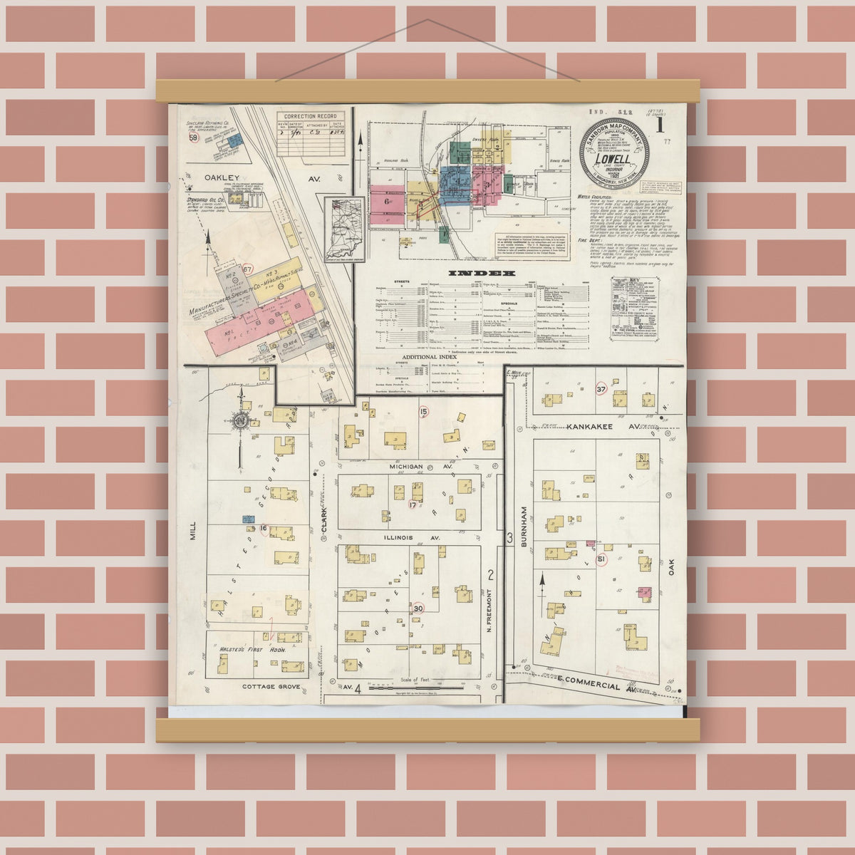 Old map wall art mockup — magnetic wood frame on brick wall — Sanborn Fire Insurance Map from Lowell, Lake County, Indiana (1942) - Complete Map Set