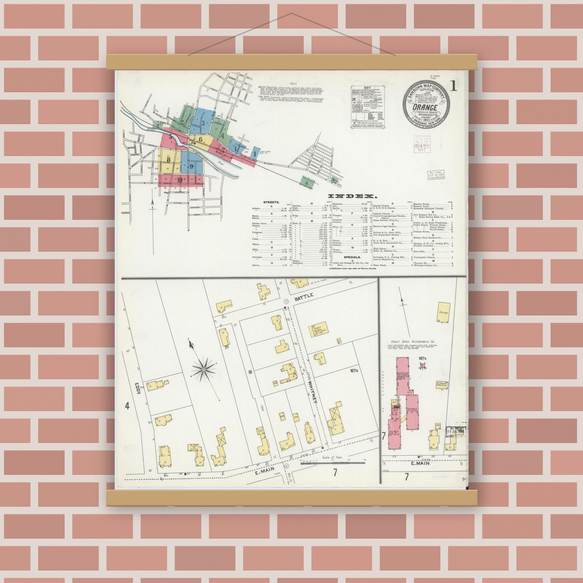 Old map wall art mockup — magnetic wood frame on brick wall — Sanborn Fire Insurance Map from Orange, Franklin County, Massachusetts (1905) - Complete Map Set