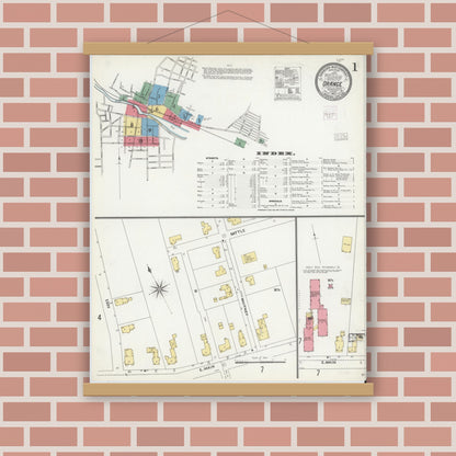 Old map wall art mockup — magnetic wood frame on brick wall — Sanborn Fire Insurance Map from Orange, Franklin County, Massachusetts (1905) - Complete Map Set