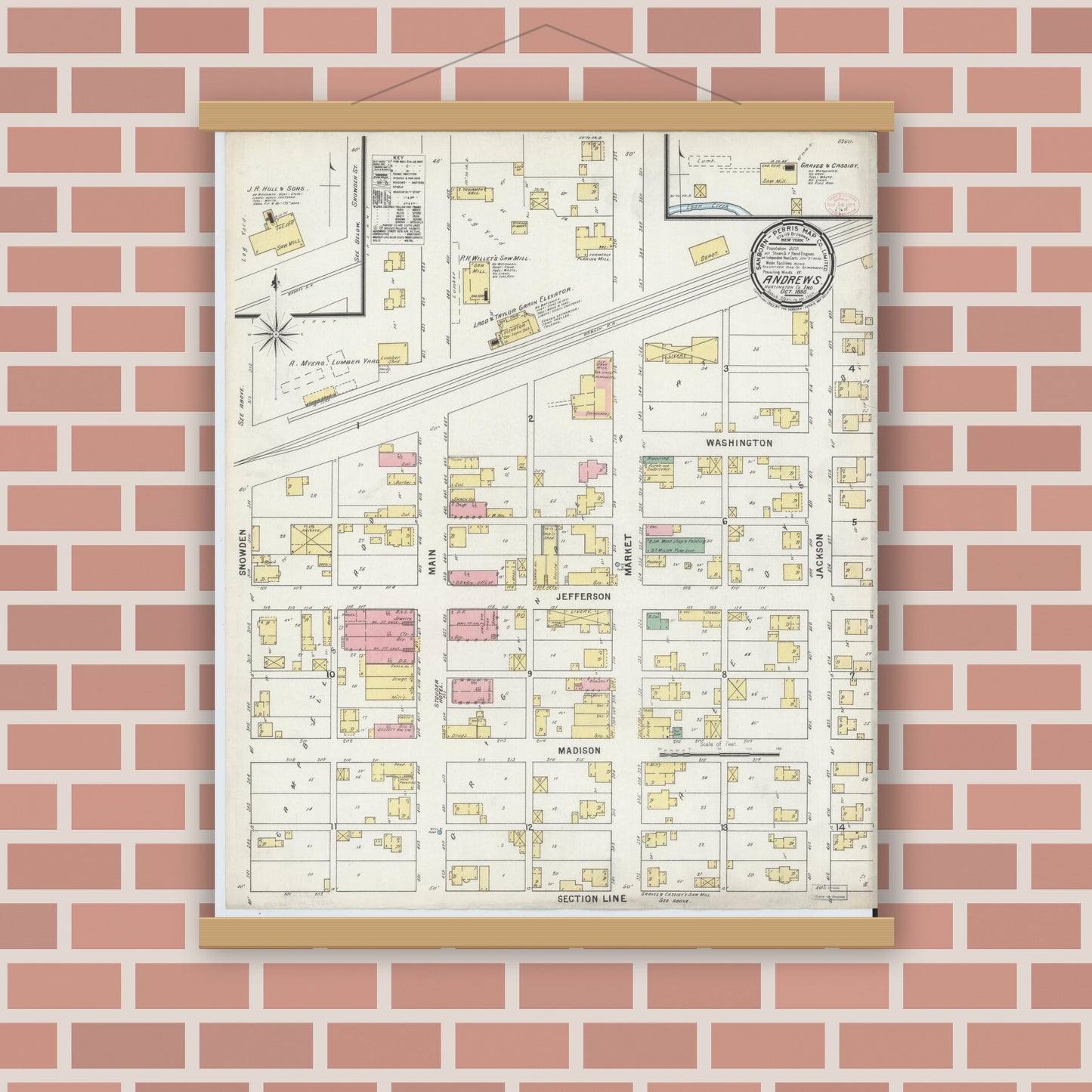 Old map wall art mockup — magnetic wood frame on brick wall — Sanborn Fire Insurance Map from Andrews, Huntington County, Indiana (1895), Sheet #0001