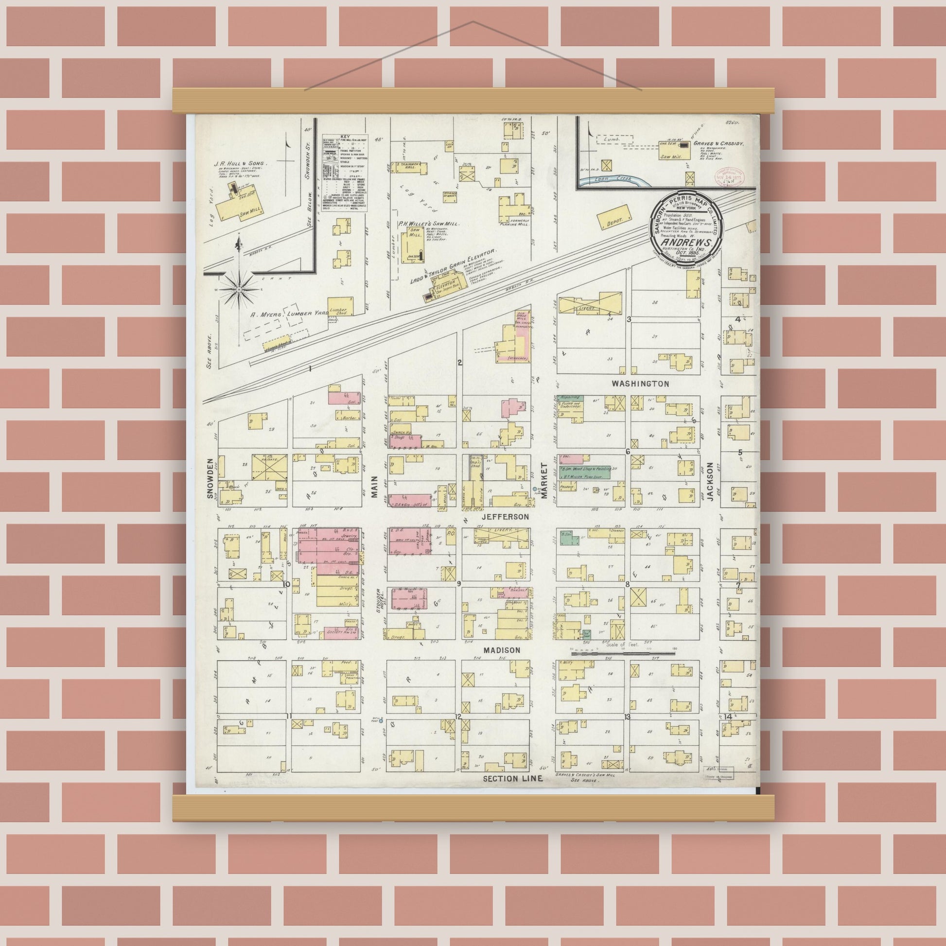 Old map wall art mockup — magnetic wood frame on brick wall — Sanborn Fire Insurance Map from Andrews, Huntington County, Indiana (1895), Sheet #0001
