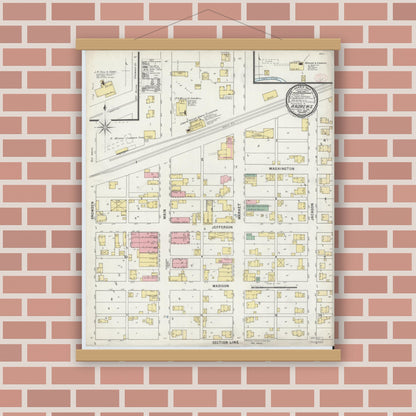 Old map wall art mockup — magnetic wood frame on brick wall — Sanborn Fire Insurance Map from Andrews, Huntington County, Indiana (1895), Sheet #0001