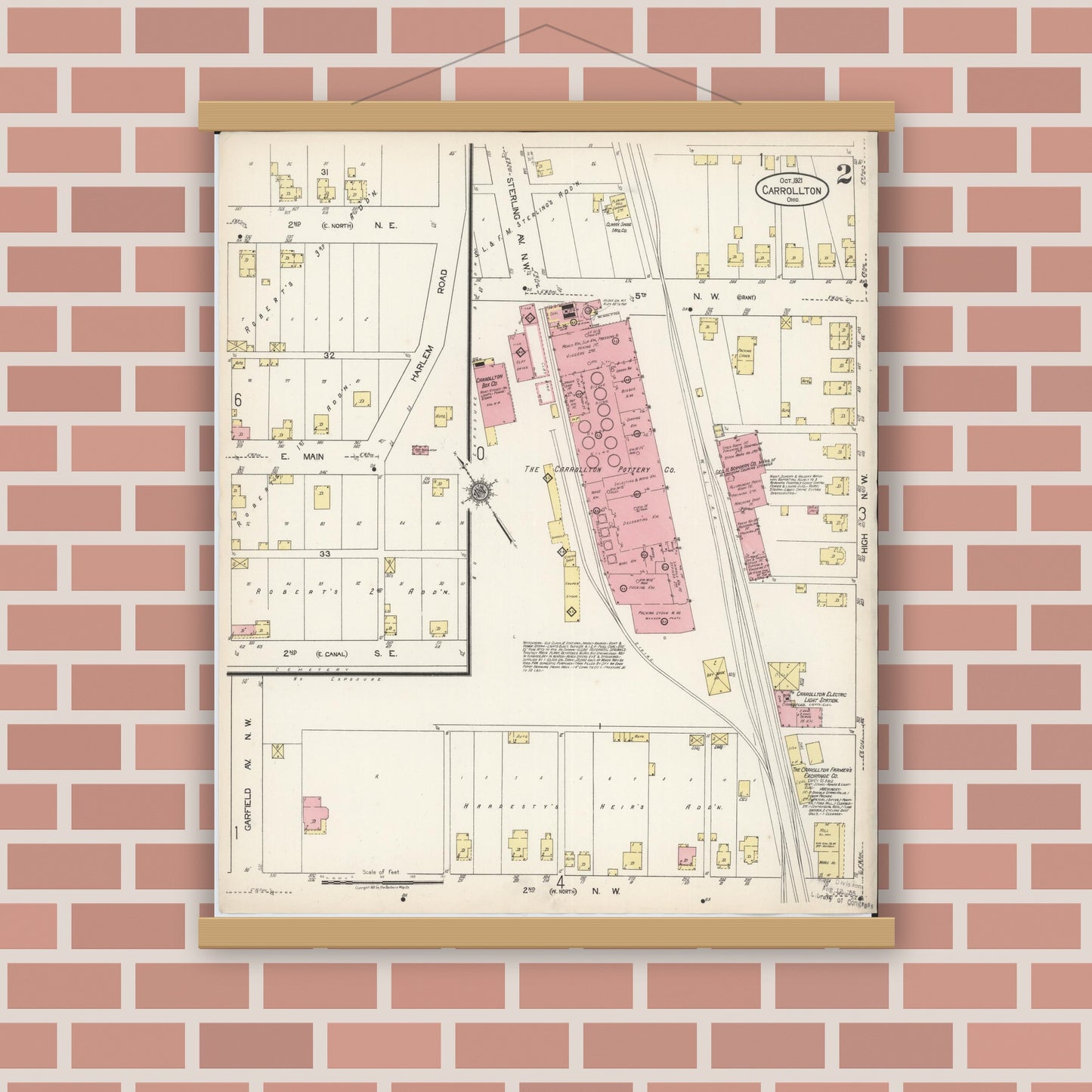 Old map wall art mockup — magnetic wood frame on brick wall — Sanborn Fire Insurance Map from Carrollton, Carroll County, Ohio (1921), Sheet #0002