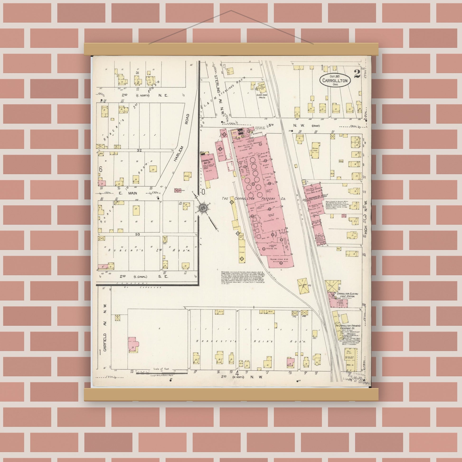Old map wall art mockup — magnetic wood frame on brick wall — Sanborn Fire Insurance Map from Carrollton, Carroll County, Ohio (1921), Sheet #0002