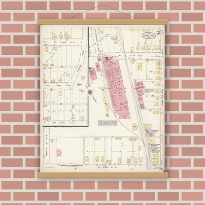 Old map wall art mockup — magnetic wood frame on brick wall — Sanborn Fire Insurance Map from Carrollton, Carroll County, Ohio (1921), Sheet #0002