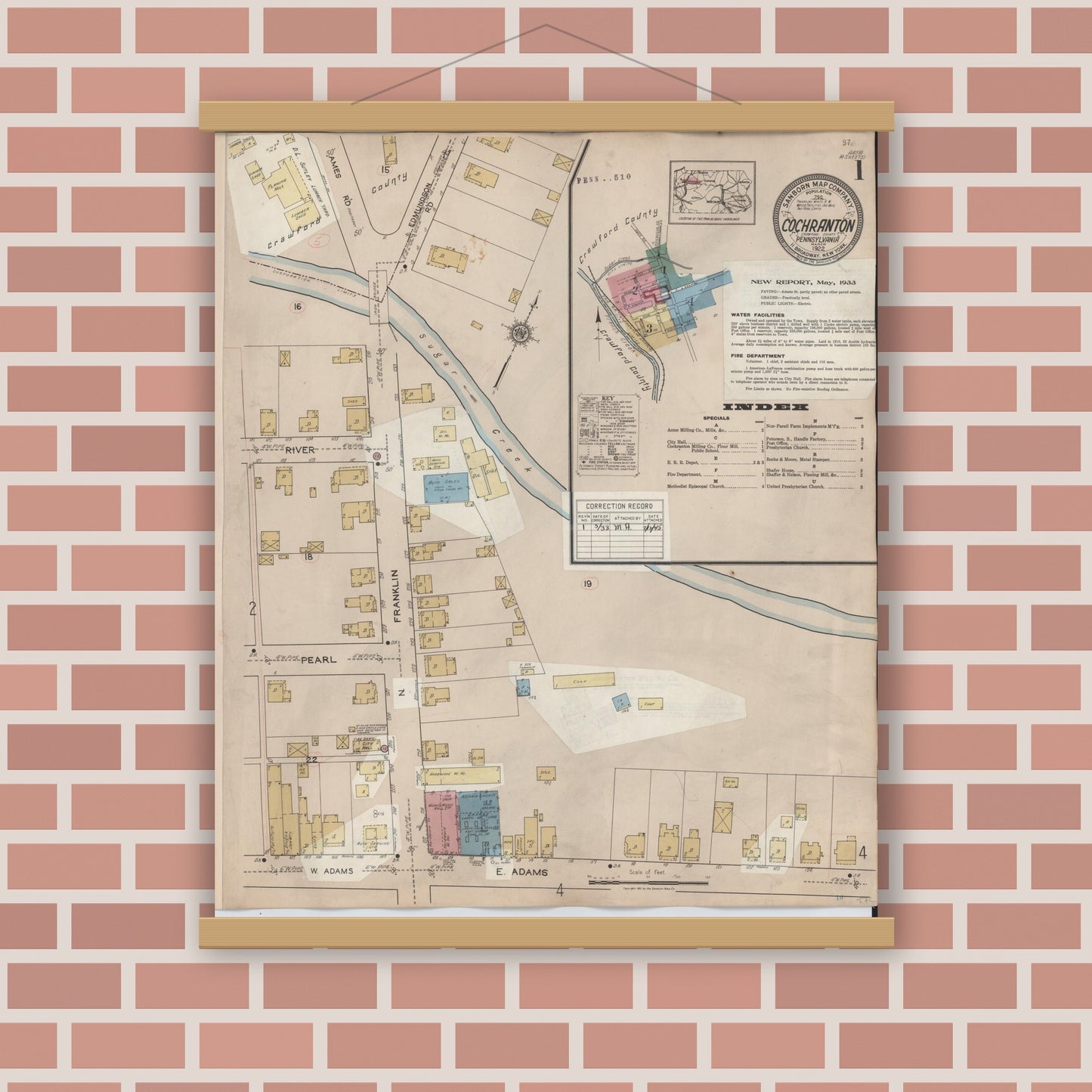 Old map wall art mockup — magnetic wood frame on brick wall — Sanborn Fire Insurance Map from Cochranton, Crawford County, Pennsylvania (1933), Sheet #0001