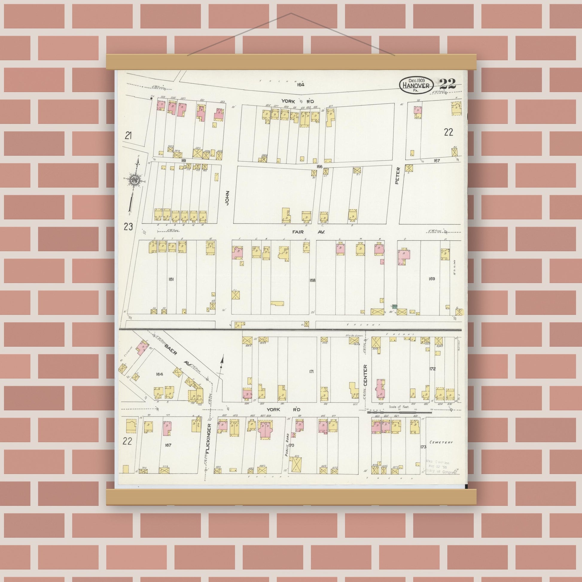 Old map wall art mockup — magnetic wood frame on brick wall — Sanborn Fire Insurance Map from Hanover, York County, Pennsylvania (1909), Sheet #0022