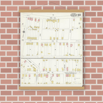 Old map wall art mockup — magnetic wood frame on brick wall — Sanborn Fire Insurance Map from Hanover, York County, Pennsylvania (1909), Sheet #0022