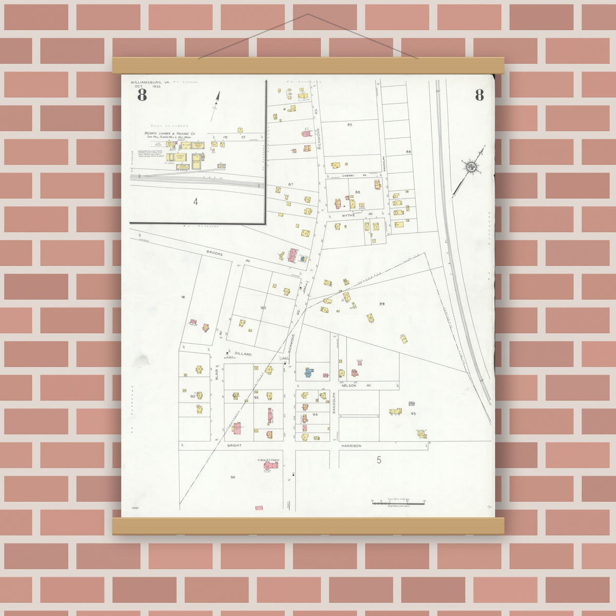 Old map wall art mockup — magnetic wood frame on brick wall — Sanborn Fire Insurance Map from Williamsburg, Independent Cities, Virginia (1933), Sheet #0008