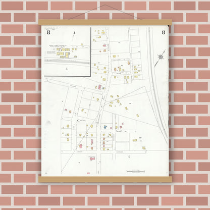 Old map wall art mockup — magnetic wood frame on brick wall — Sanborn Fire Insurance Map from Williamsburg, Independent Cities, Virginia (1933), Sheet #0008