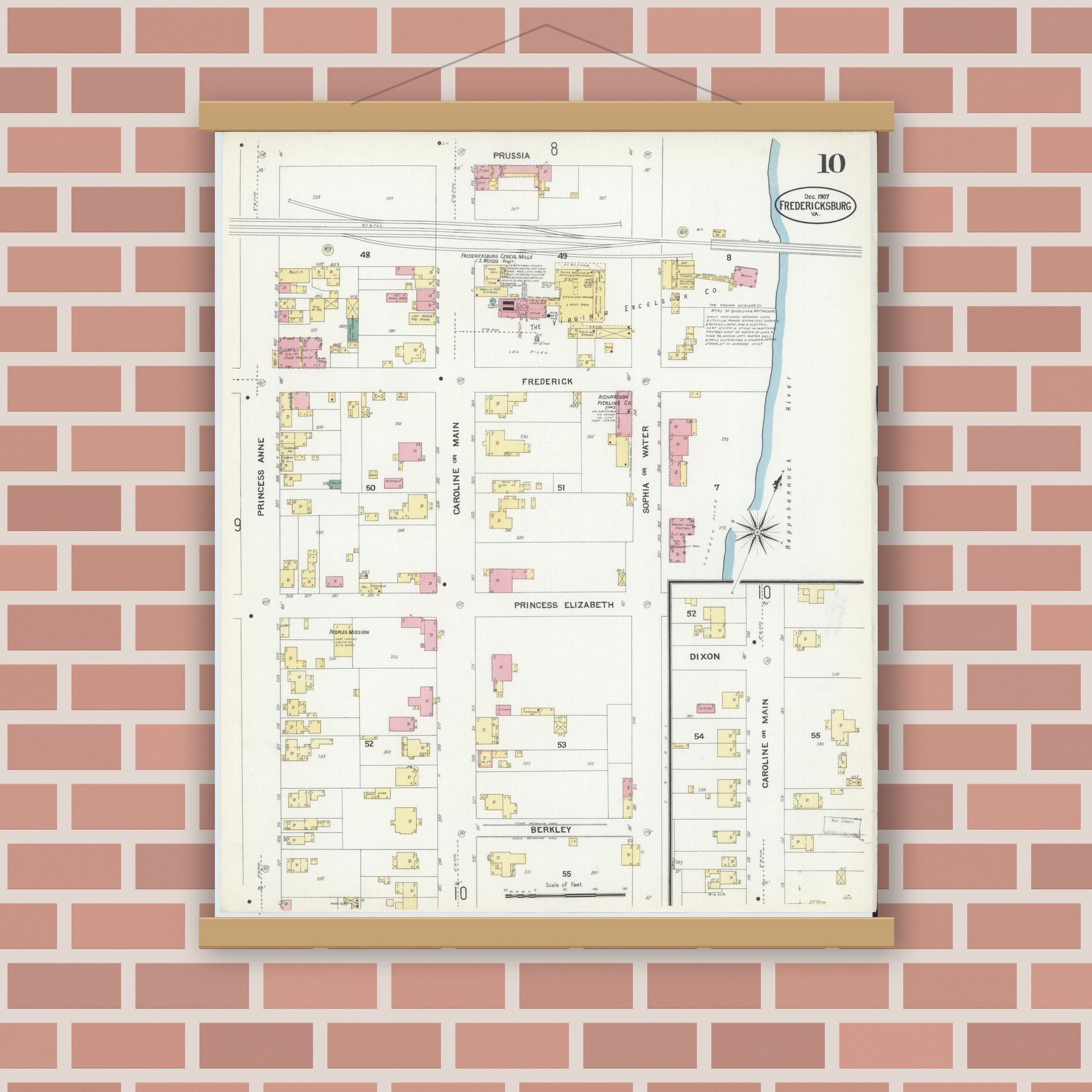 Old map wall art mockup — magnetic wood frame on brick wall — Sanborn Fire Insurance Map from Fredericksburg, Independent Cities, Virginia (1907), Sheet #0010