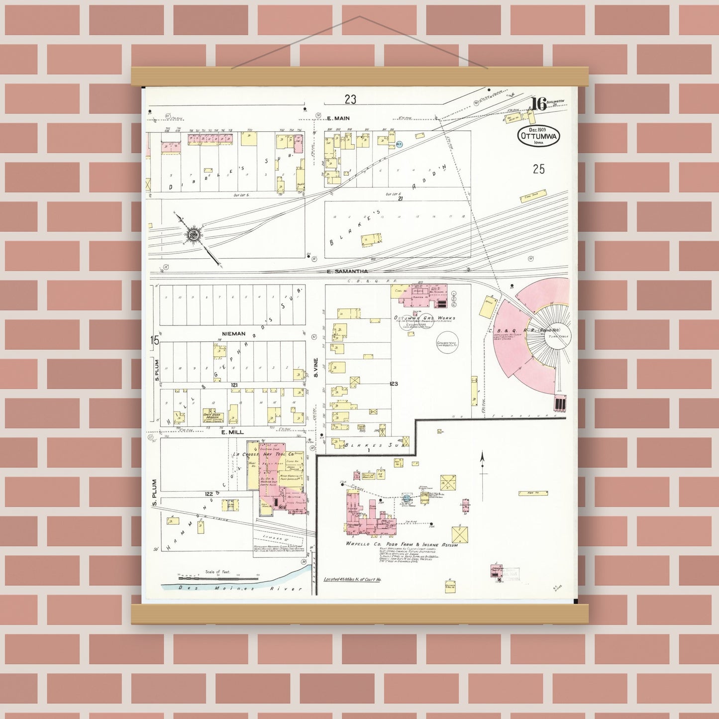 Old map wall art mockup — magnetic wood frame on brick wall — Sanborn Fire Insurance Map from Ottumwa, Wapello County, Iowa (1909), Sheet #0016