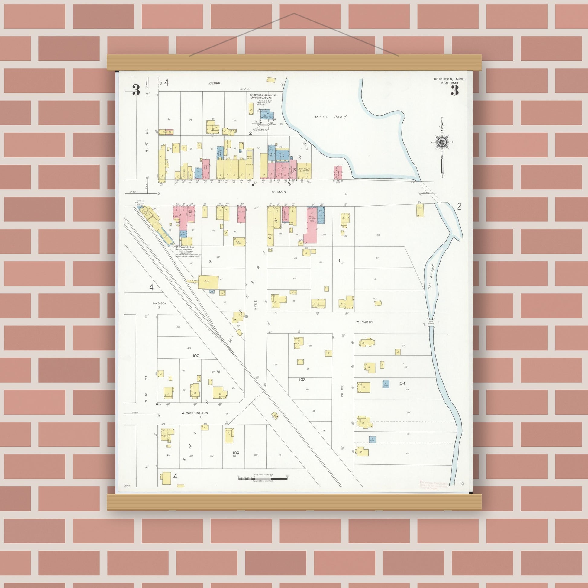Old map wall art mockup — magnetic wood frame on brick wall — Sanborn Fire Insurance Map from Brighton, Livington County, Michigan (1938), Sheet #0003