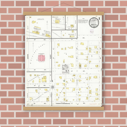 Old map wall art mockup — magnetic wood frame on brick wall — Sanborn Fire Insurance Map from Hartley, O'Brien County, Iowa (1901), Sheet #0001