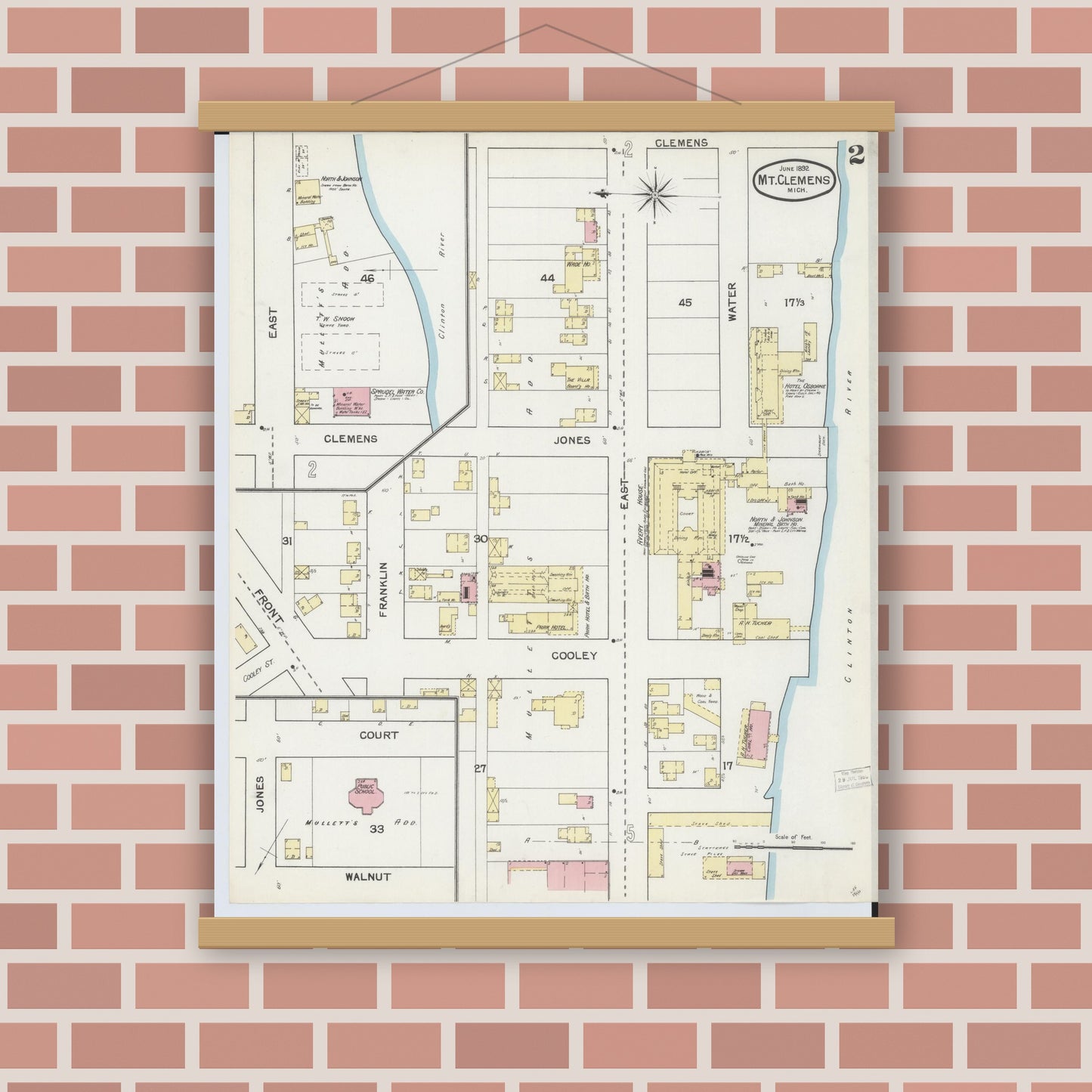 Old map wall art mockup — magnetic wood frame on brick wall — Sanborn Fire Insurance Map from Mount Clemens, Macomb County, Michigan (1892), Sheet #0002