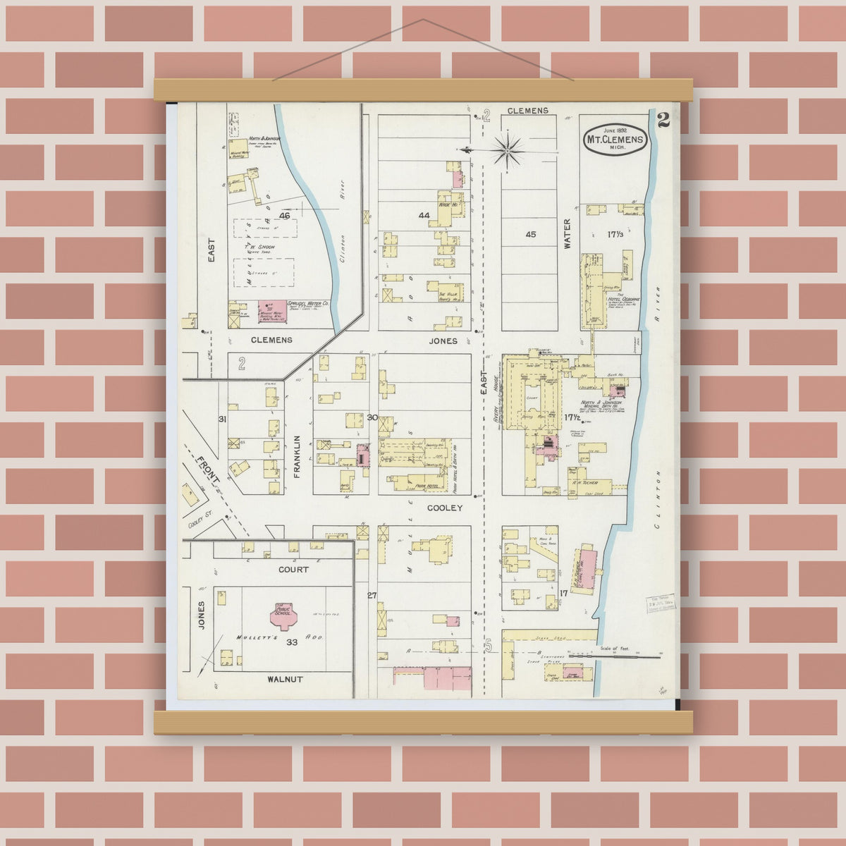 Old map wall art mockup — magnetic wood frame on brick wall — Sanborn Fire Insurance Map from Mount Clemens, Macomb County, Michigan (1892), Sheet #0002