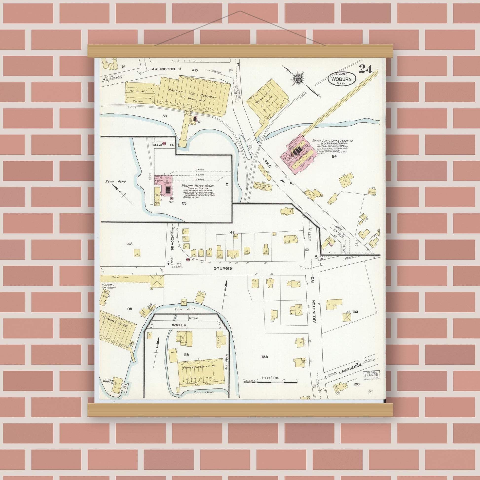 Old map wall art mockup — magnetic wood frame on brick wall — Sanborn Fire Insurance Map from Woburn, Middlesex County, Massachusetts (1910), Sheet #0024