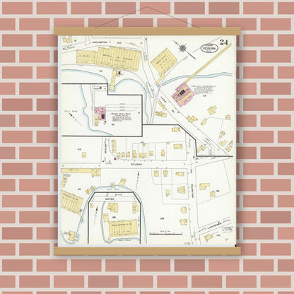 Old map wall art mockup — magnetic wood frame on brick wall — Sanborn Fire Insurance Map from Woburn, Middlesex County, Massachusetts (1910), Sheet #0024