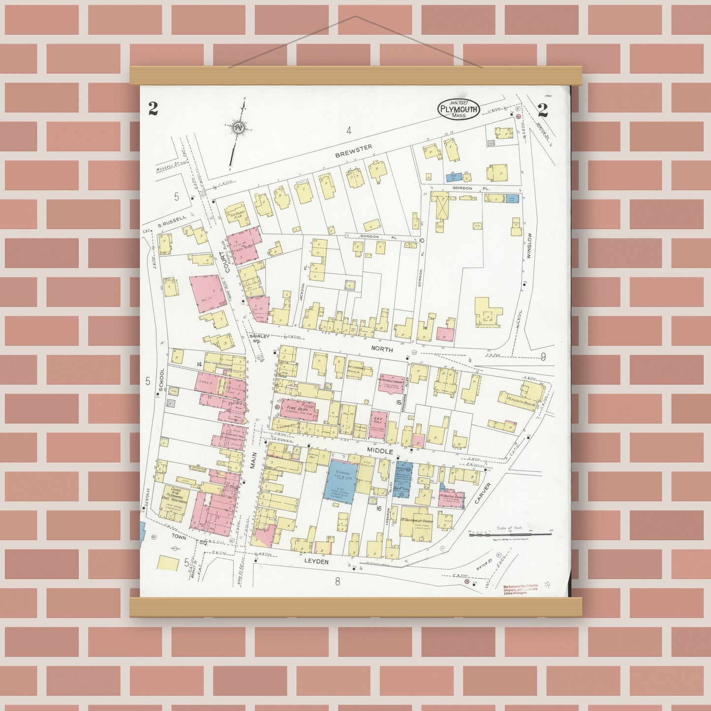 Old map wall art mockup — magnetic wood frame on brick wall — Sanborn Fire Insurance Map from Plymouth, Plymouth County, Massachusetts (1927), Sheet #0002