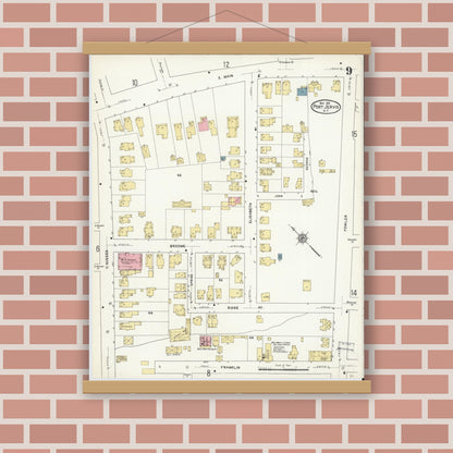 Old map wall art mockup — magnetic wood frame on brick wall — Sanborn Fire Insurance Map from Port Jervis, Orange County, New York (1912), Sheet #0009