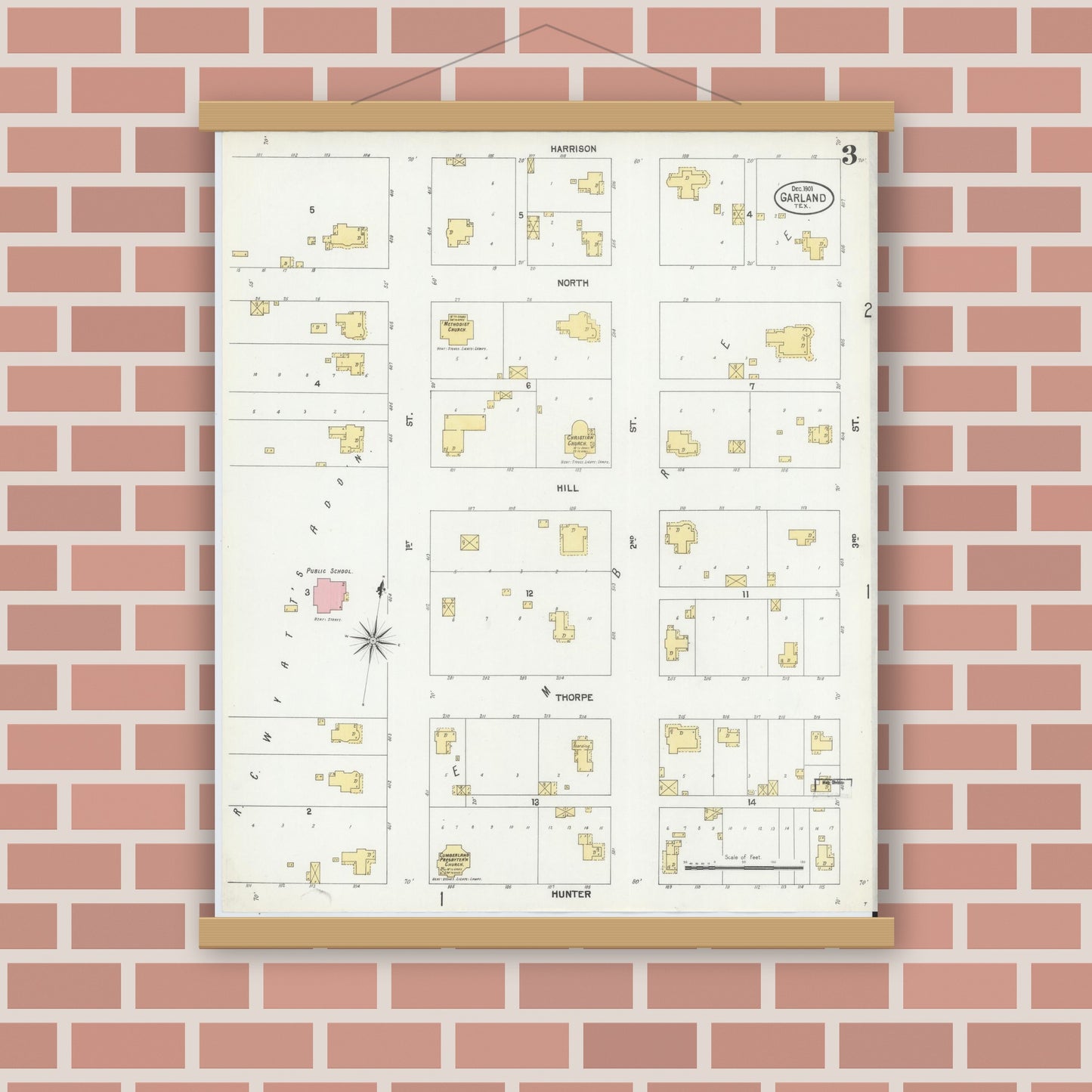 Old map wall art mockup — magnetic wood frame on brick wall — Sanborn Fire Insurance Map from Garland, Dallas County, Texas (1901), Sheet #0003