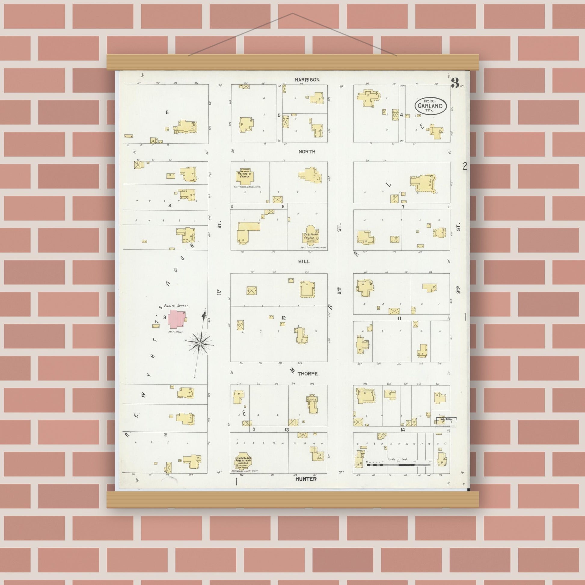 Old map wall art mockup — magnetic wood frame on brick wall — Sanborn Fire Insurance Map from Garland, Dallas County, Texas (1901), Sheet #0003