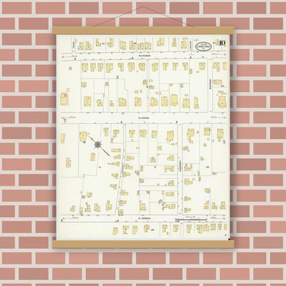 Old map wall art mockup — magnetic wood frame on brick wall — Sanborn Fire Insurance Map from Concord, Cabarrus County, North Carolina (1911), Sheet #0010