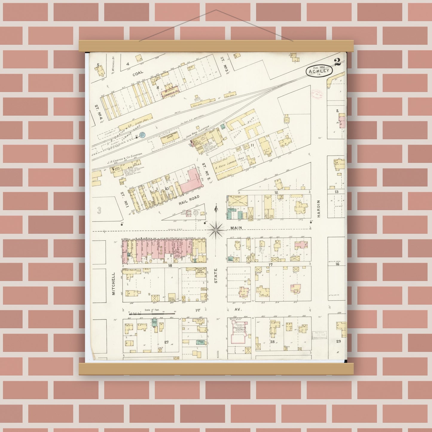 Old map wall art mockup — magnetic wood frame on brick wall — Sanborn Fire Insurance Map from Ackley, Hardin and Franklin Counties, Iowa (1894), Sheet #0002