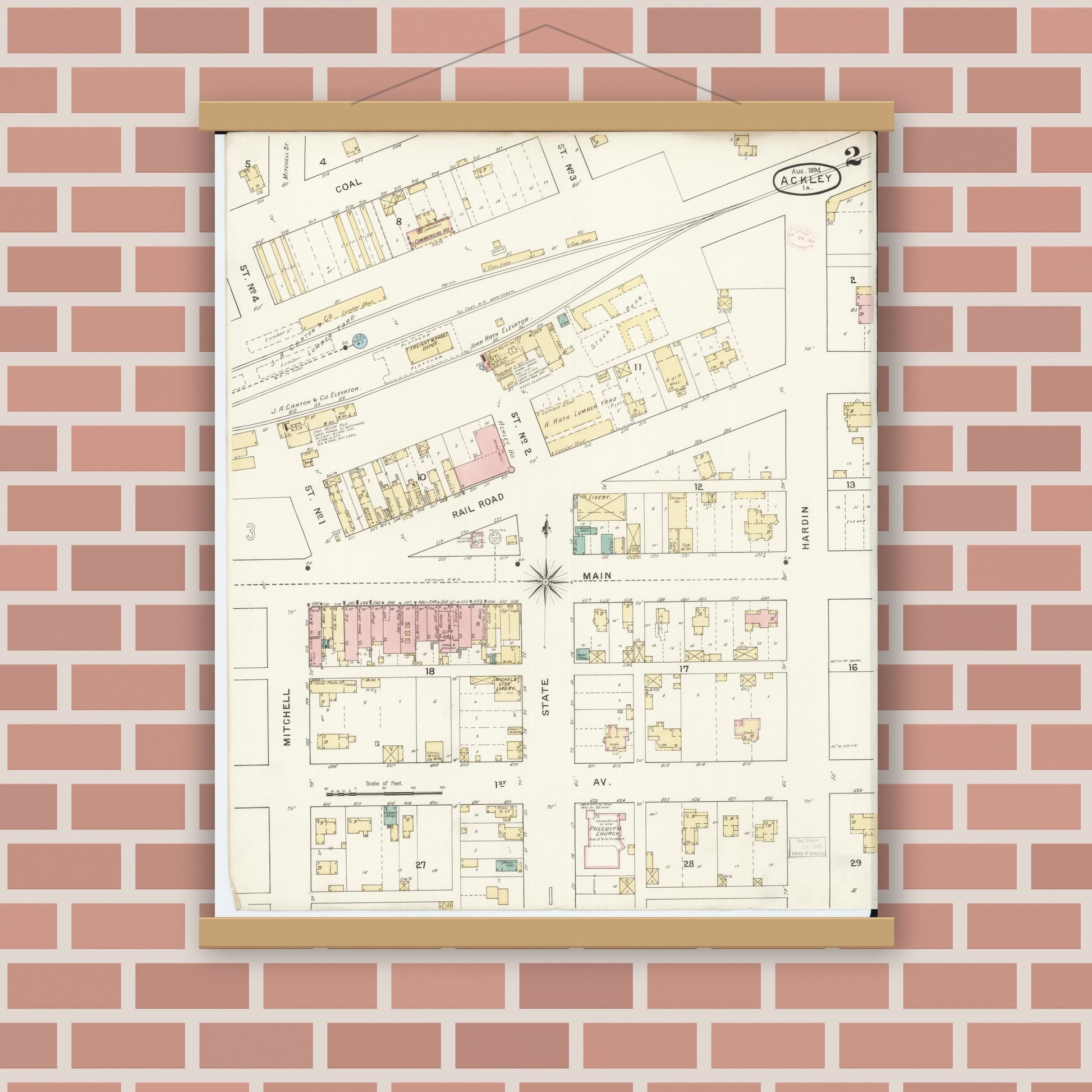 Old map wall art mockup — magnetic wood frame on brick wall — Sanborn Fire Insurance Map from Ackley, Hardin and Franklin Counties, Iowa (1894), Sheet #0002