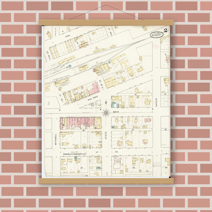 Old map wall art mockup — magnetic wood frame on brick wall — Sanborn Fire Insurance Map from Ackley, Hardin and Franklin Counties, Iowa (1894), Sheet #0002