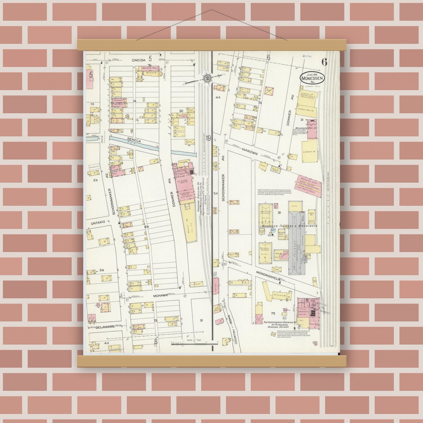 Old map wall art mockup — magnetic wood frame on brick wall — Sanborn Fire Insurance Map from Monessen, Westmoreland County, Pennsylvania (1914), Sheet #0006
