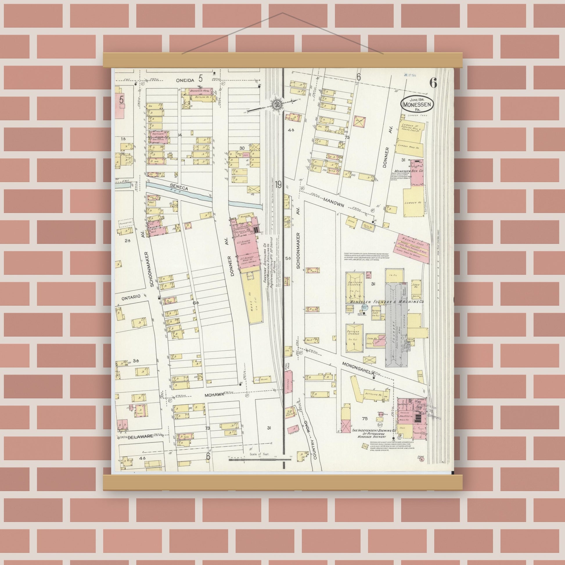 Old map wall art mockup — magnetic wood frame on brick wall — Sanborn Fire Insurance Map from Monessen, Westmoreland County, Pennsylvania (1914), Sheet #0006