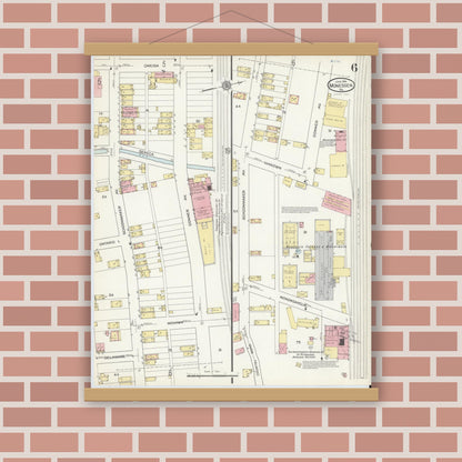 Old map wall art mockup — magnetic wood frame on brick wall — Sanborn Fire Insurance Map from Monessen, Westmoreland County, Pennsylvania (1914), Sheet #0006