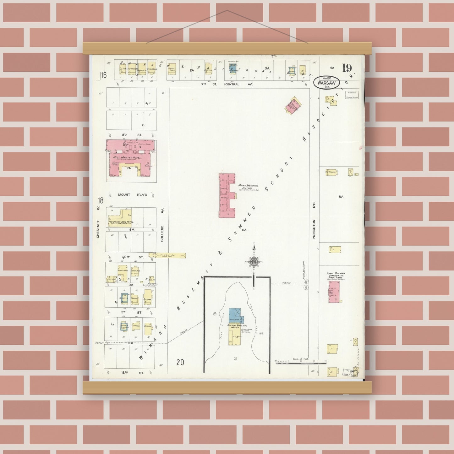 Old map wall art mockup — magnetic wood frame on brick wall — Sanborn Fire Insurance Map from Warsaw, Kosciusko County, Indiana (1910), Sheet #0019
