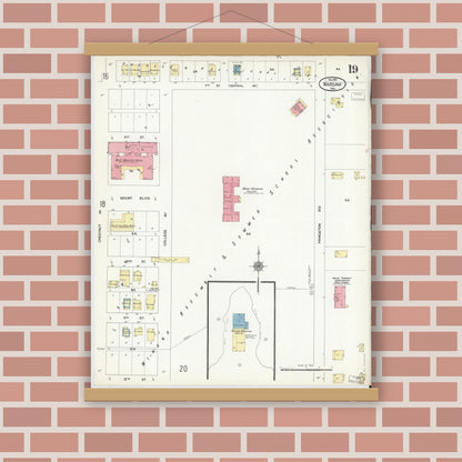 Old map wall art mockup — magnetic wood frame on brick wall — Sanborn Fire Insurance Map from Warsaw, Kosciusko County, Indiana (1910), Sheet #0019