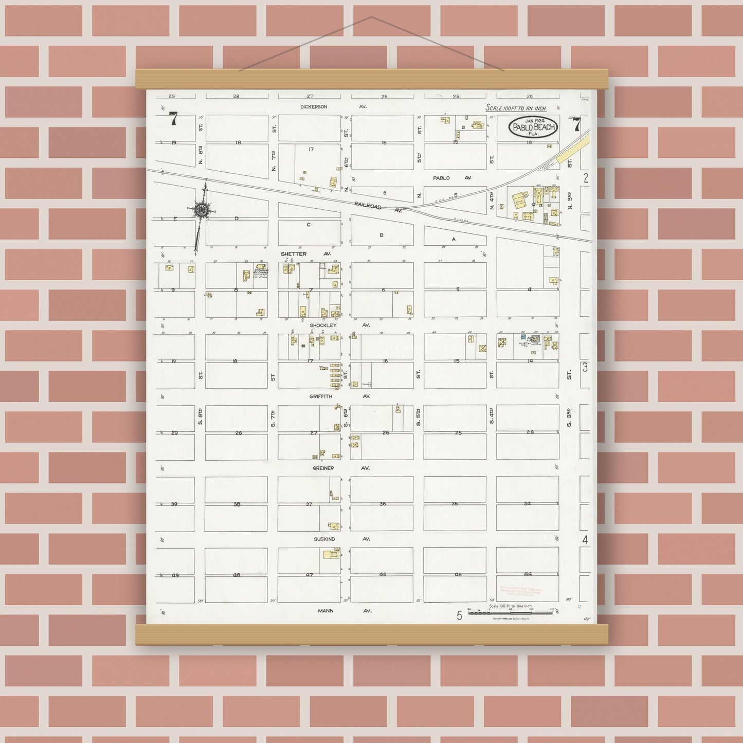 Old map wall art mockup — magnetic wood frame on brick wall — Sanborn Fire Insurance Map from Pablo Beach, Duval County, Florida (1924), Sheet #0007