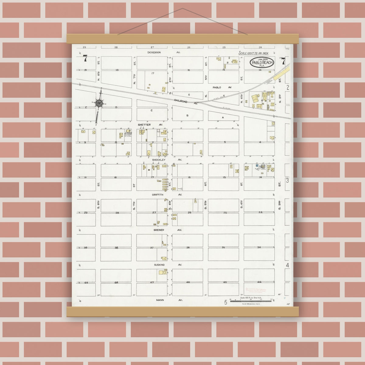Old map wall art mockup — magnetic wood frame on brick wall — Sanborn Fire Insurance Map from Pablo Beach, Duval County, Florida (1924), Sheet #0007