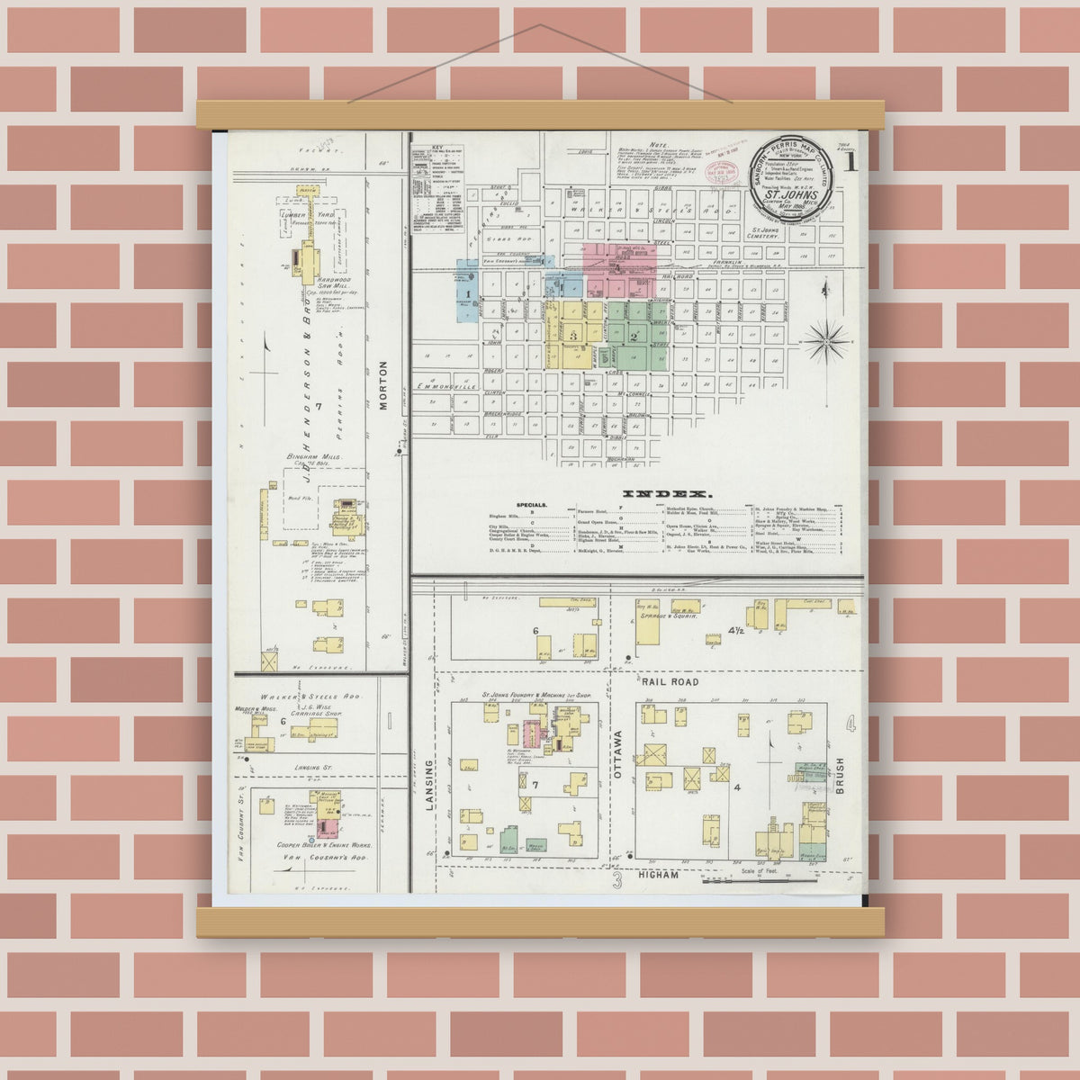 Old map wall art mockup — magnetic wood frame on brick wall — Sanborn Fire Insurance Map from Saint Johns, Clinton County, Michigan (1895), Sheet #0001