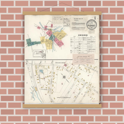 Old map wall art mockup — magnetic wood frame on brick wall — Sanborn Fire Insurance Map from East Pepperell, Middlesex County, Massachusetts (1943), Sheet #0001