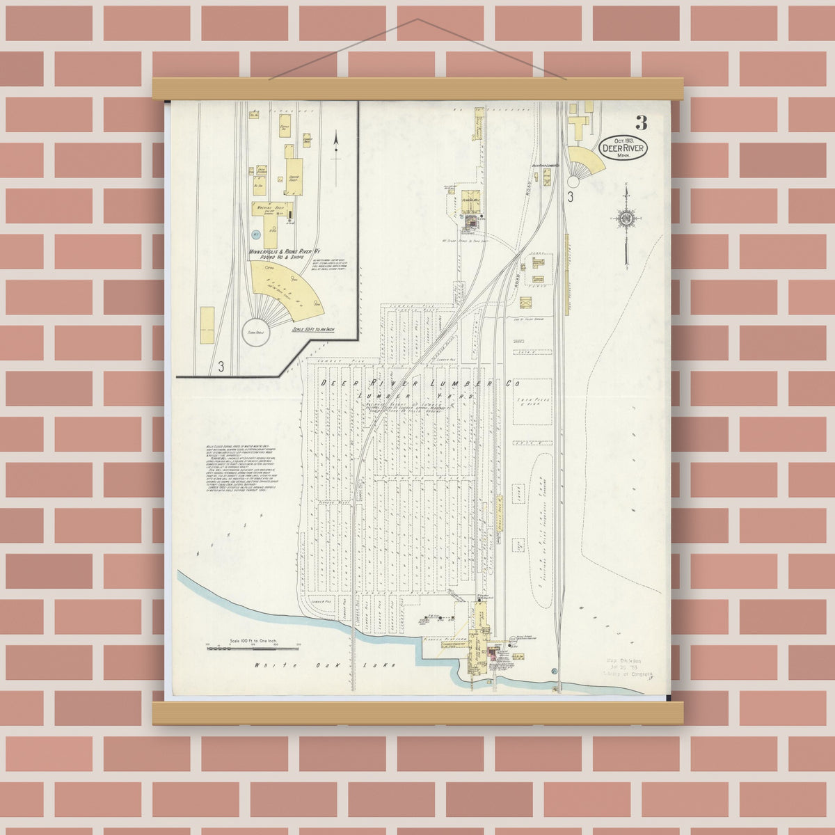 Old map wall art mockup — magnetic wood frame on brick wall — Sanborn Fire Insurance Map from Deer River, Itasca County, Minnesota (1913), Sheet #0003