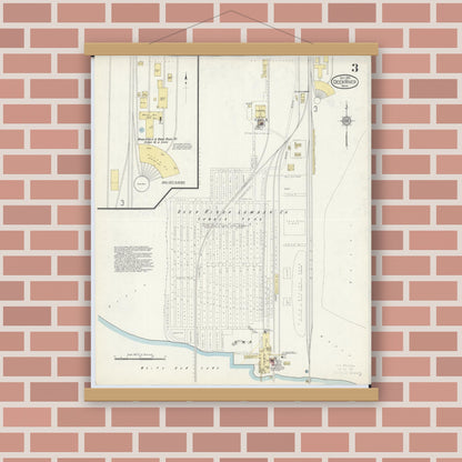 Old map wall art mockup — magnetic wood frame on brick wall — Sanborn Fire Insurance Map from Deer River, Itasca County, Minnesota (1913), Sheet #0003